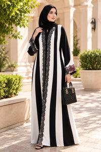 Black & White Striped Lace Abaya