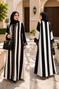 Black & White Striped Lace Abaya